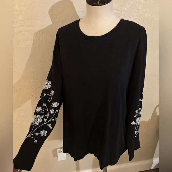 Black Floral Embroidered Tunic Women's Top sz XL Petite - Picture 2 of 8